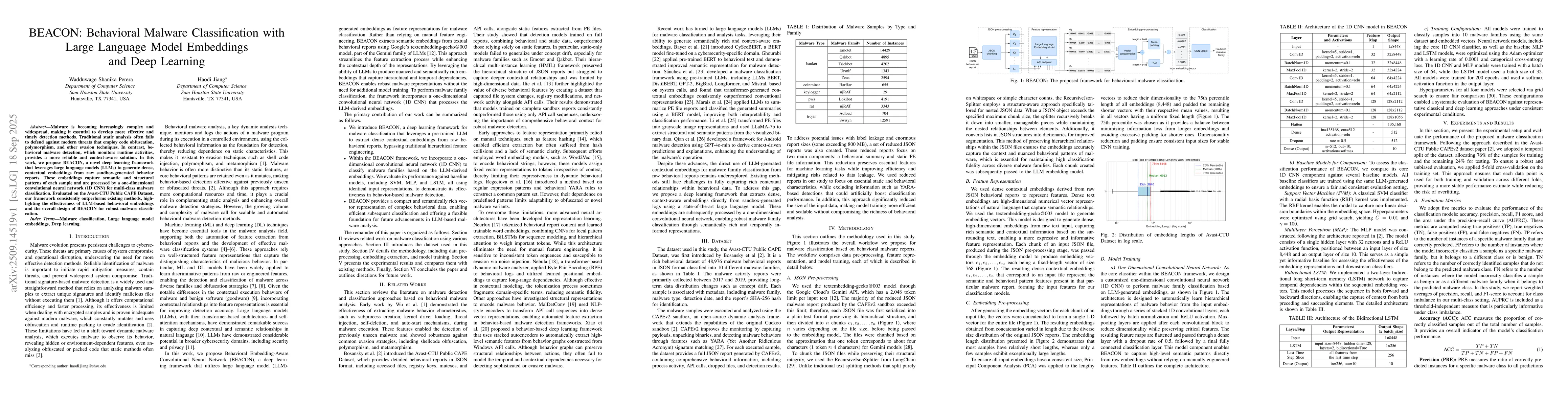 Thumbnail for BEACON: Behavioral Malware Classification with Large Language Model
  Embeddings and Deep Learning