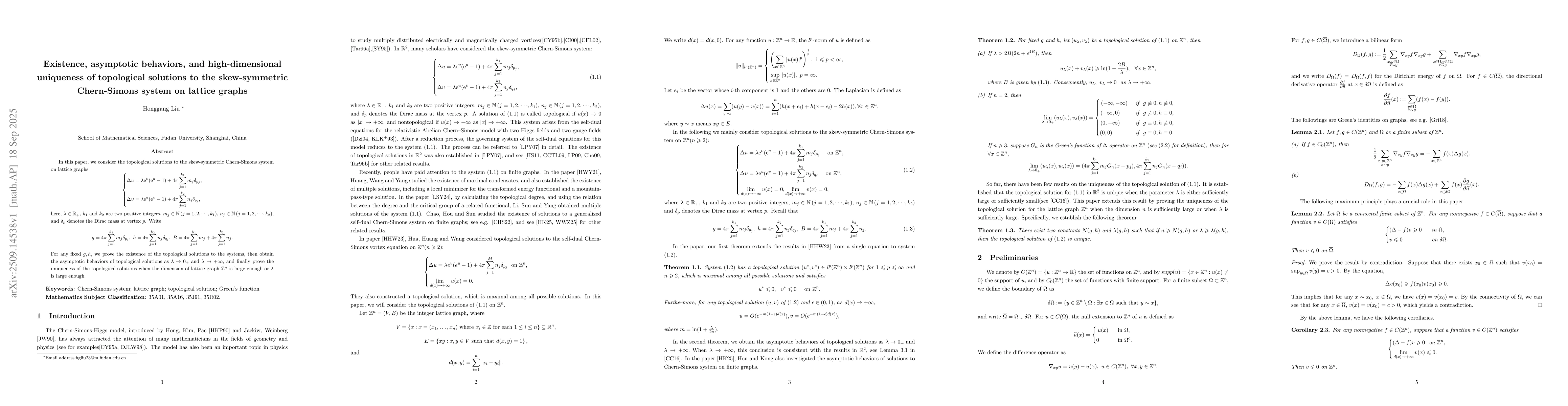 Thumbnail for Existence, asymptotic behaviors, and high-dimensional uniqueness of
  topological solutions to the skew-symmetric Chern-Simons system on lattice
  graphs