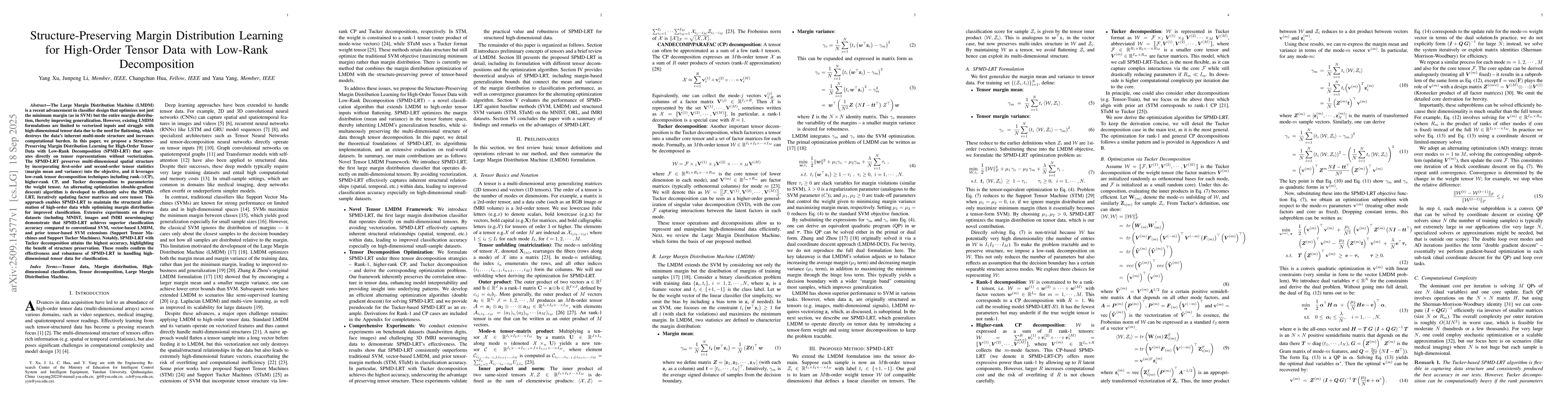 Thumbnail for Structure-Preserving Margin Distribution Learning for High-Order Tensor
  Data with Low-Rank Decomposition