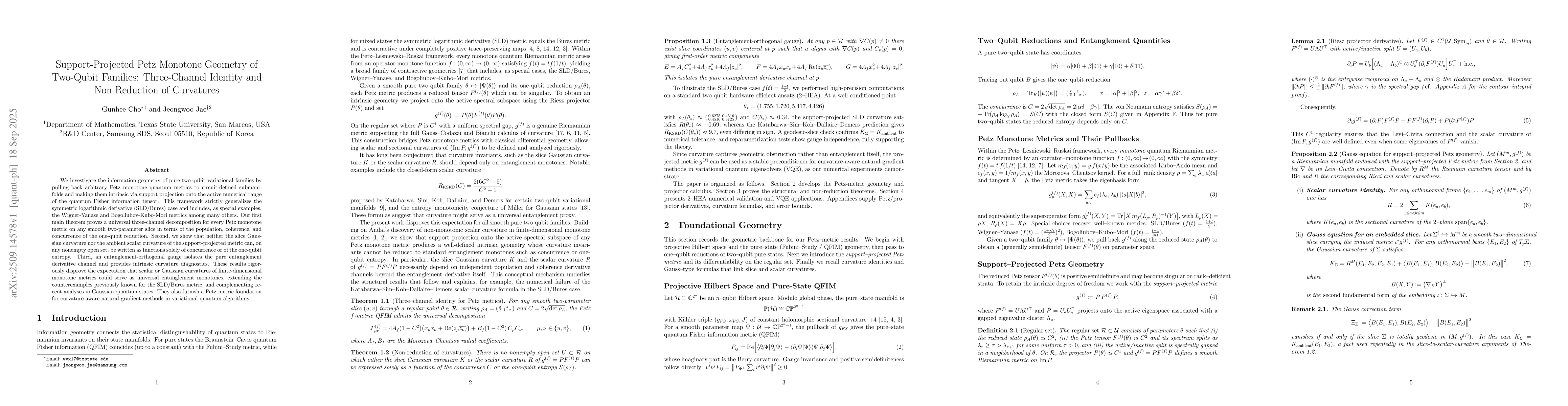 Thumbnail for Support-Projected Petz Monotone Geometry of Two-Qubit Families:
  Three-Channel Identity and Non-Reduction of Curvatures