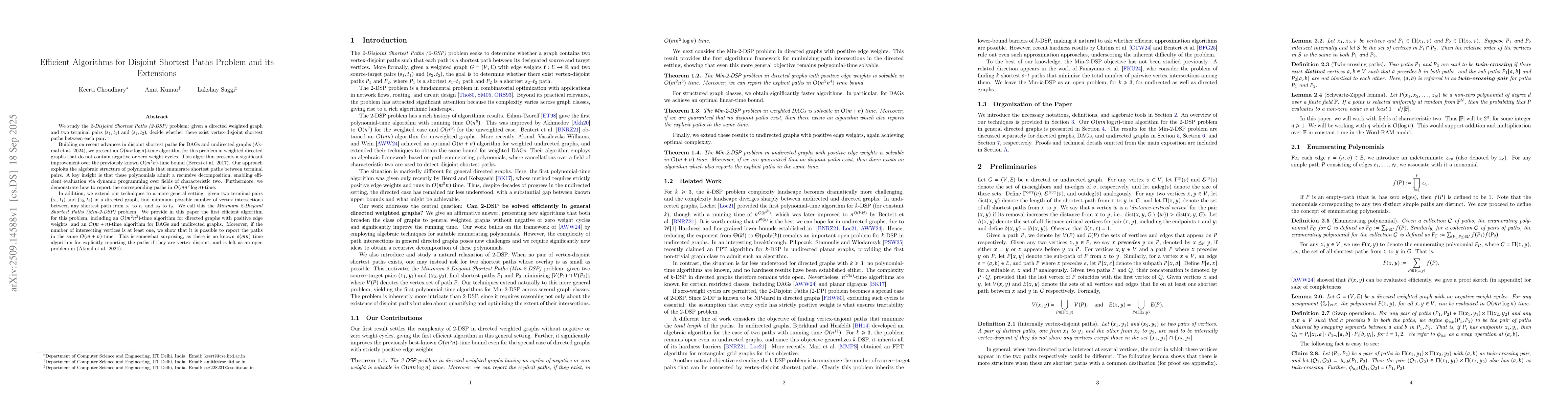 Thumbnail for Efficient Algorithms for Disjoint Shortest Paths Problem and its
  Extensions