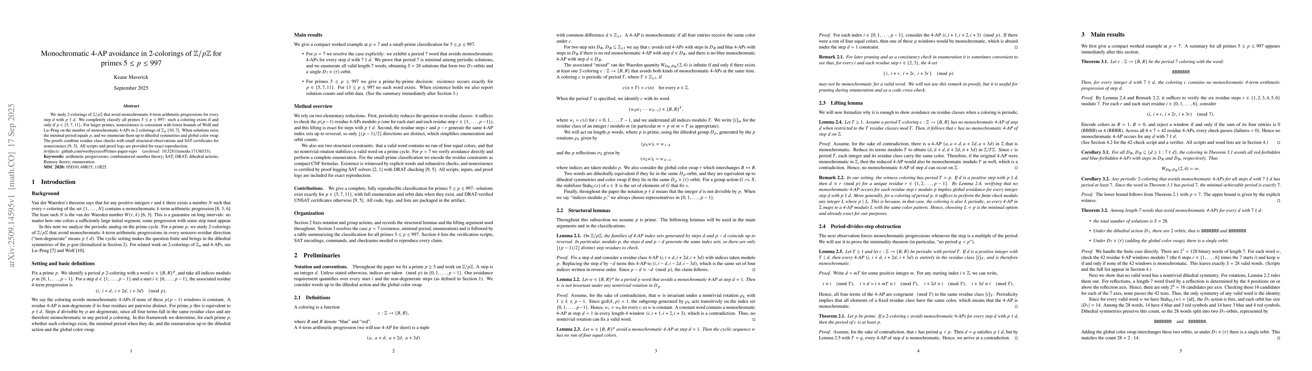 Thumbnail for Monochromatic 4-AP avoidance in 2-colorings of Z/pZ for primes p >= 5
  and a computation of W_c(4,2)
