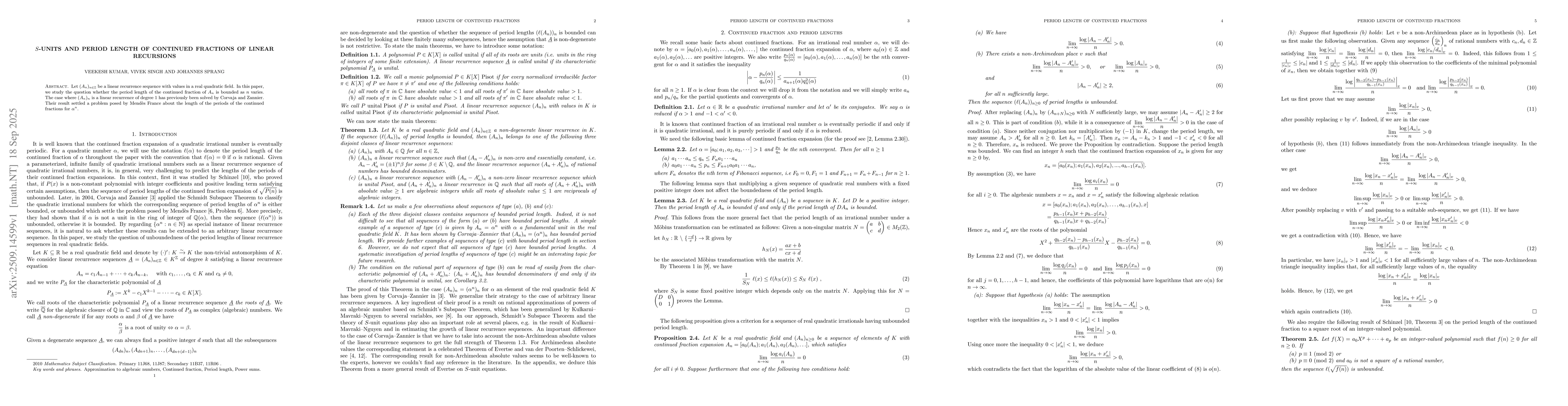 Thumbnail for $S$-units and period length of continued fractions of linear recursions