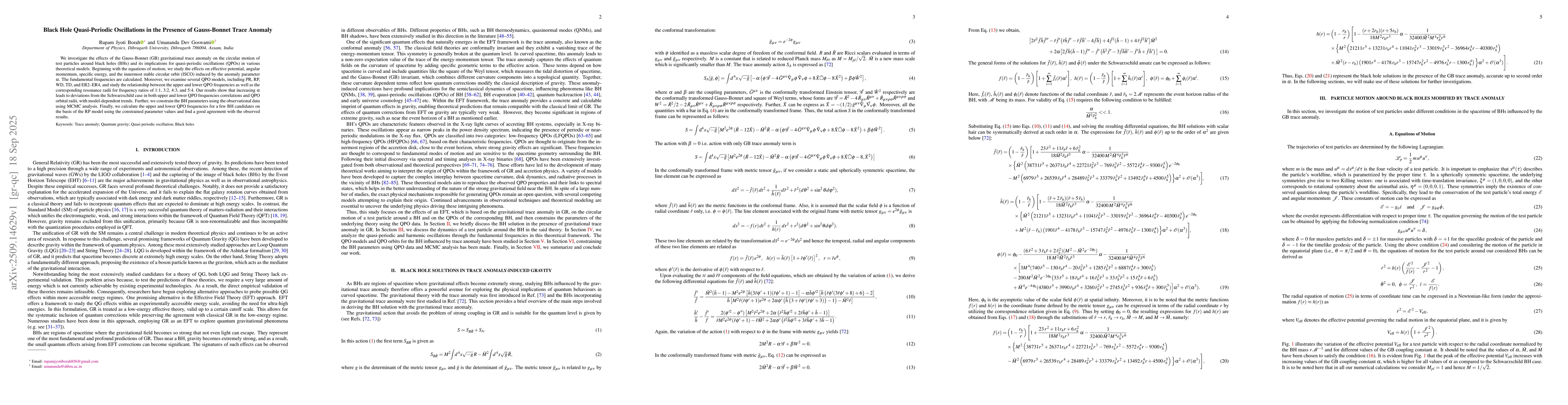 Thumbnail for Black Hole Quasi-Periodic Oscillations in the Presence of Gauss-Bonnet
  Trace Anomaly