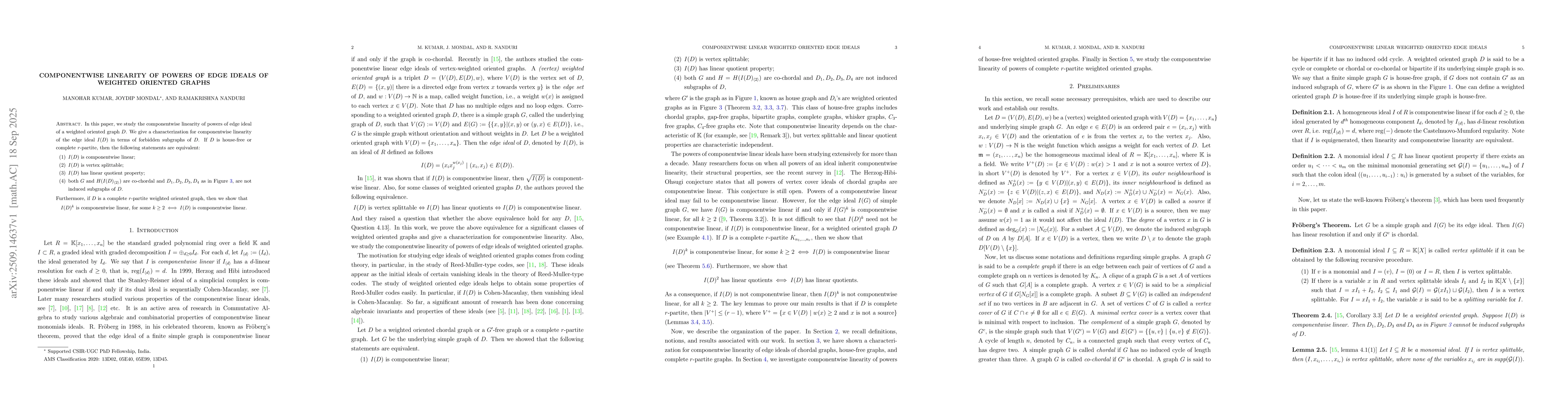 Thumbnail for Componentwise linearity of powers of edge ideals of weighted oriented
  graphs