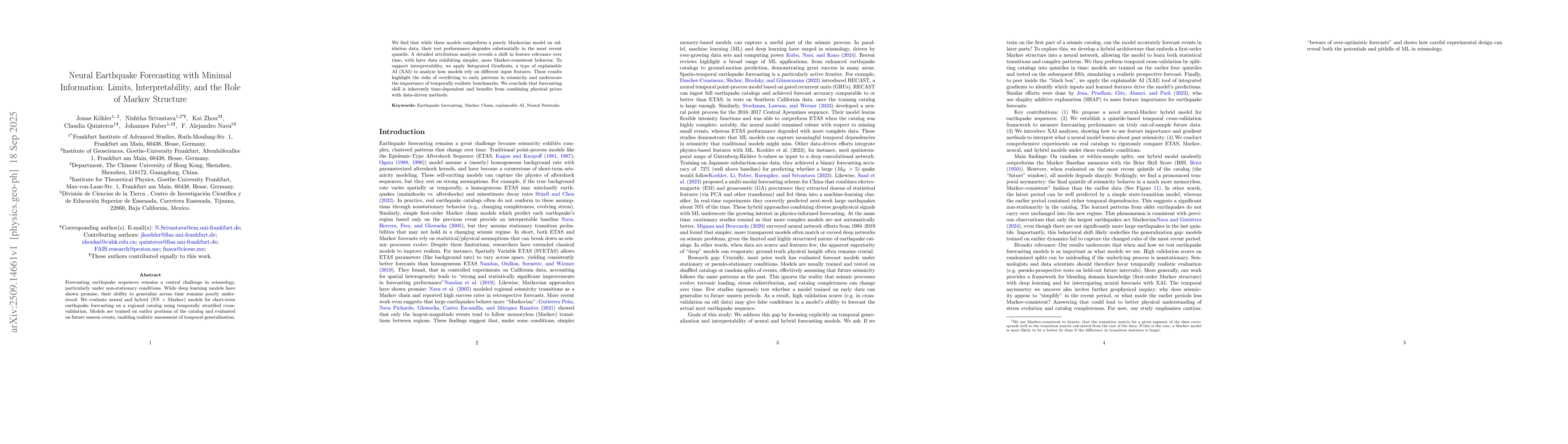Thumbnail for Neural Earthquake Forecasting with Minimal Information: Limits,
  Interpretability, and the Role of Markov Structure