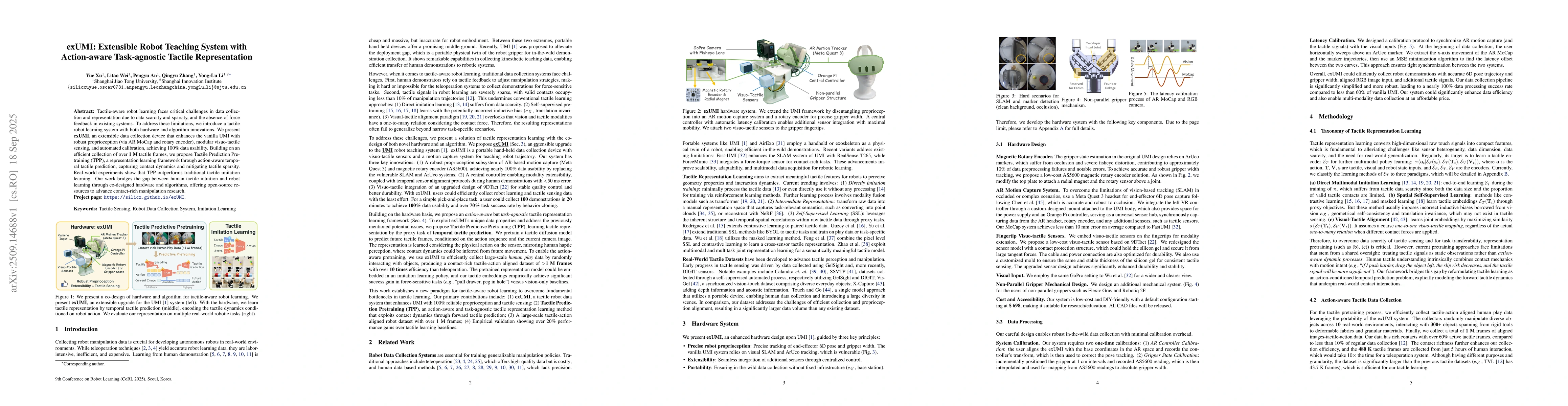Thumbnail for exUMI: Extensible Robot Teaching System with Action-aware Task-agnostic
  Tactile Representation