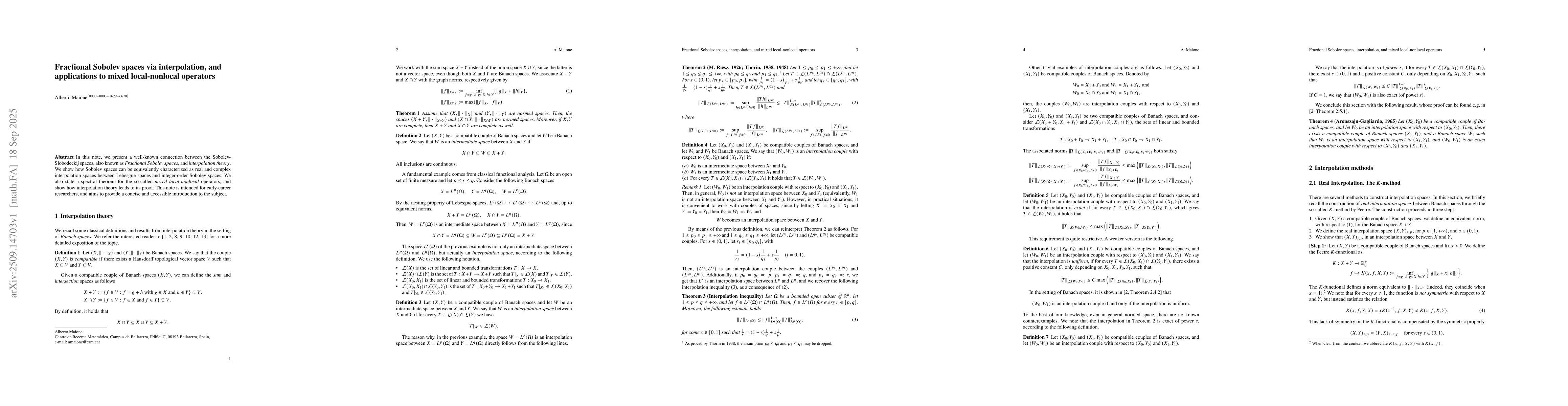 Thumbnail for Fractional Sobolev spaces via interpolation, and applications to mixed
  local-nonlocal operators