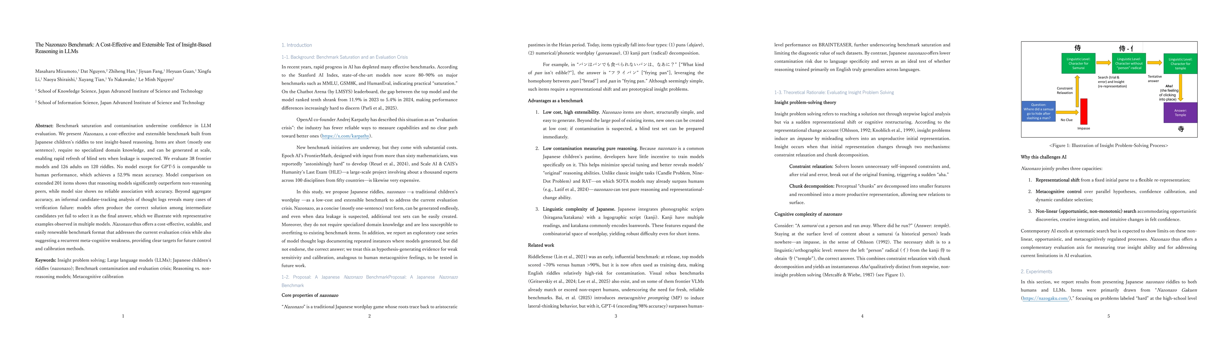 Thumbnail for The NazoNazo Benchmark: A Cost-Effective and Extensible Test of
  Insight-Based Reasoning in LLMs