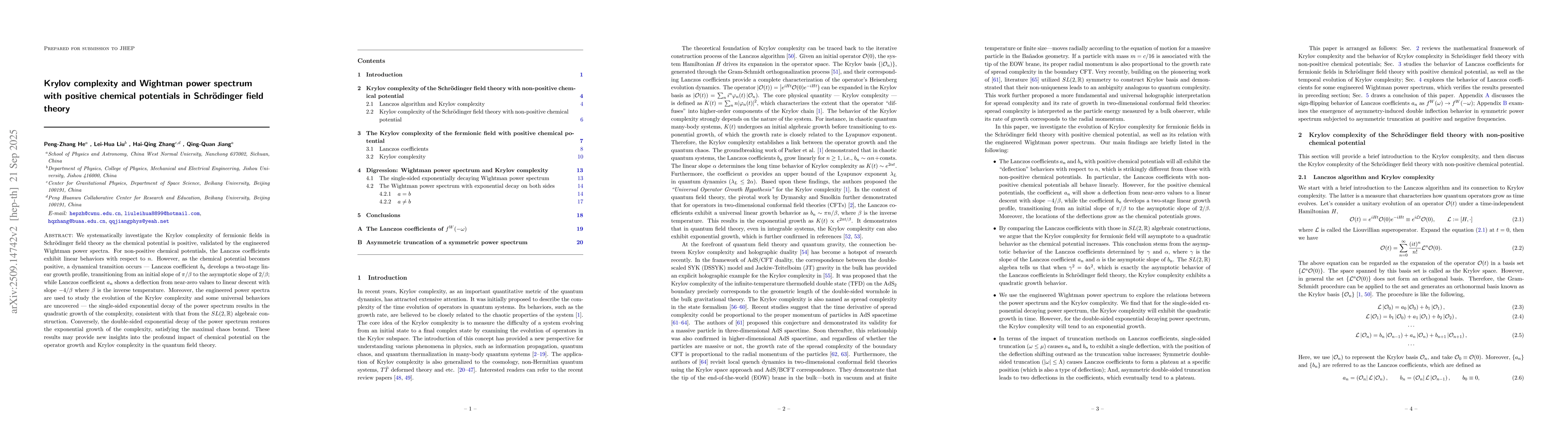 Thumbnail for Krylov complexity and Wightman power spectrum with positive chemical
  potentials in Schrödinger field theory