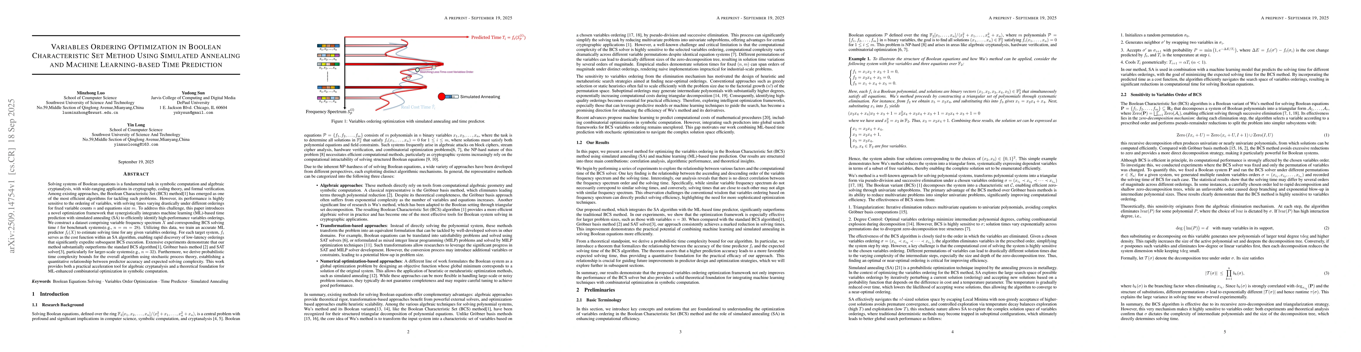 Thumbnail for Variables Ordering Optimization in Boolean Characteristic Set Method
  Using Simulated Annealing and Machine Learning-based Time Prediction