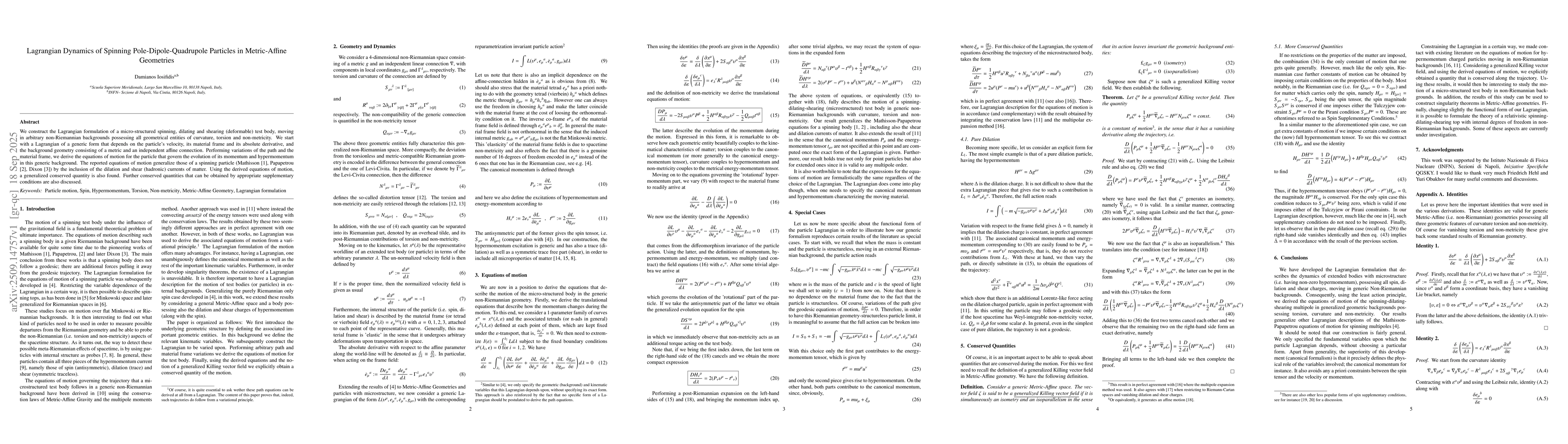 Thumbnail for Lagrangian Dynamics of Spinning Pole-Dipole-Quadrupole Particles in
  Metric-Affine Geometries