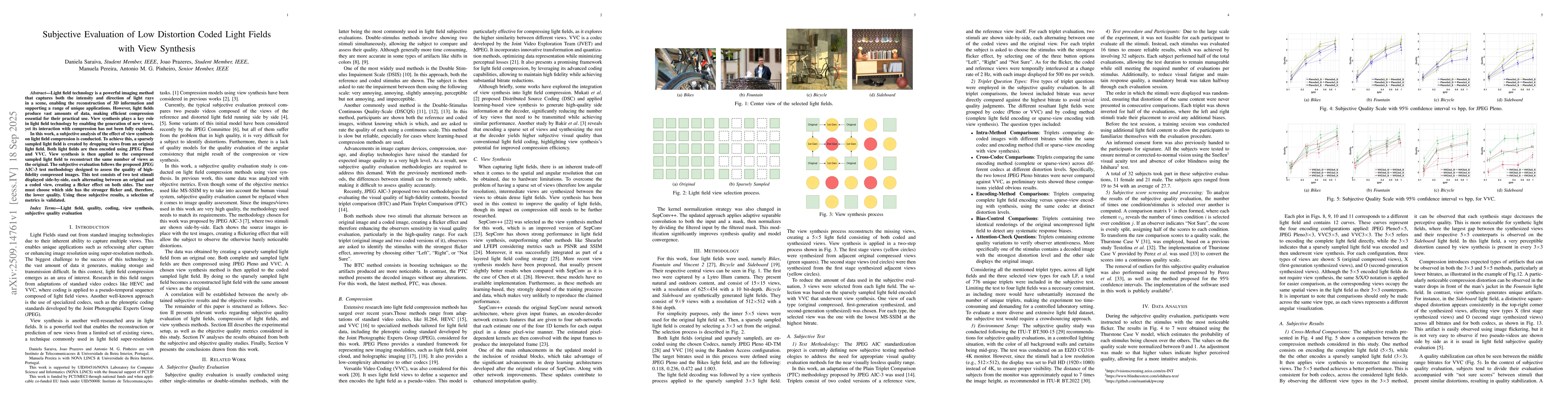 Thumbnail for Subjective Evaluation of Low Distortion Coded Light Fields with View
  Synthesis
