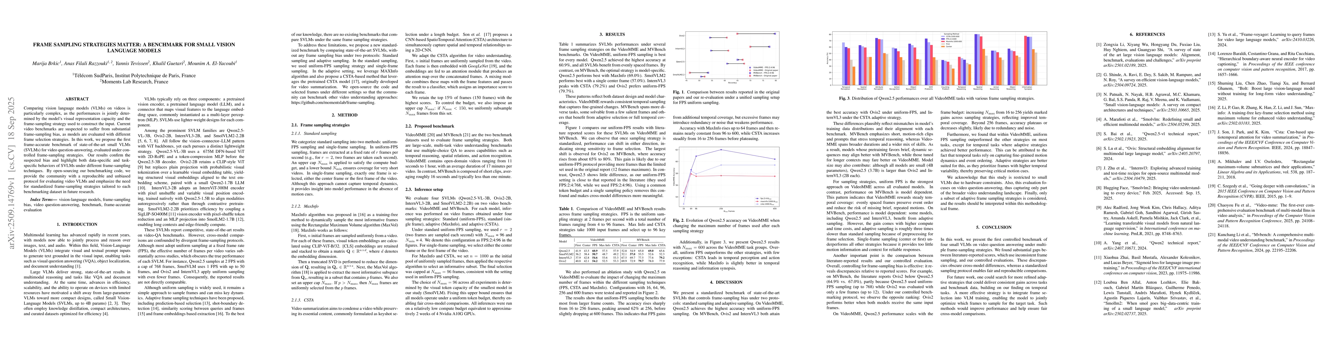 Thumbnail for Frame Sampling Strategies Matter: A Benchmark for small vision language
  models