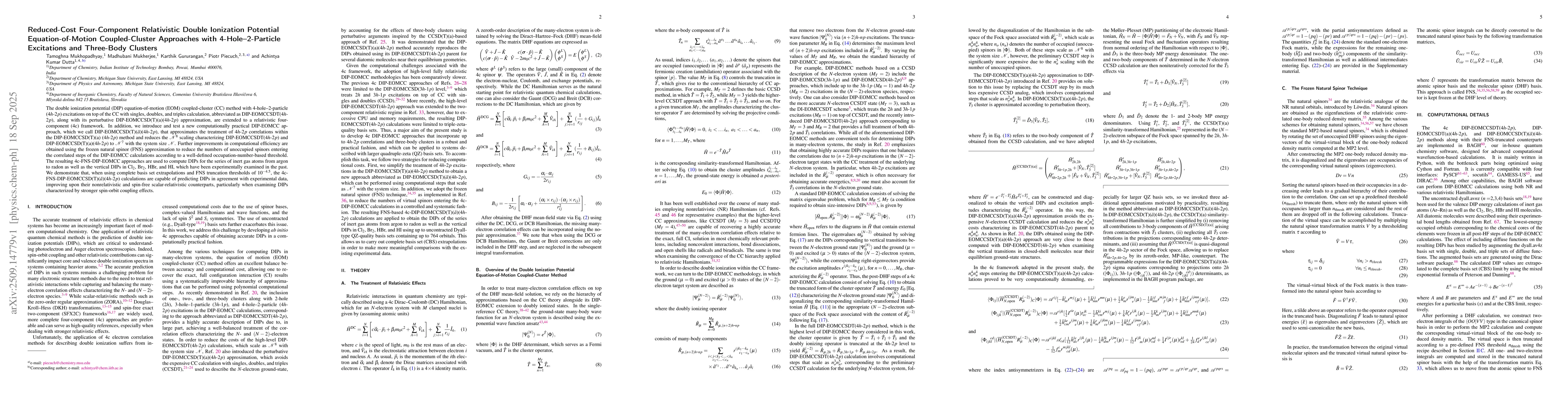 Thumbnail for Reduced-Cost Four-Component Relativistic Double Ionization Potential
  Equation-of-Motion Coupled-Cluster Approaches with 4-Hole--2-Particle
  Excitations and Three-Body Clusters