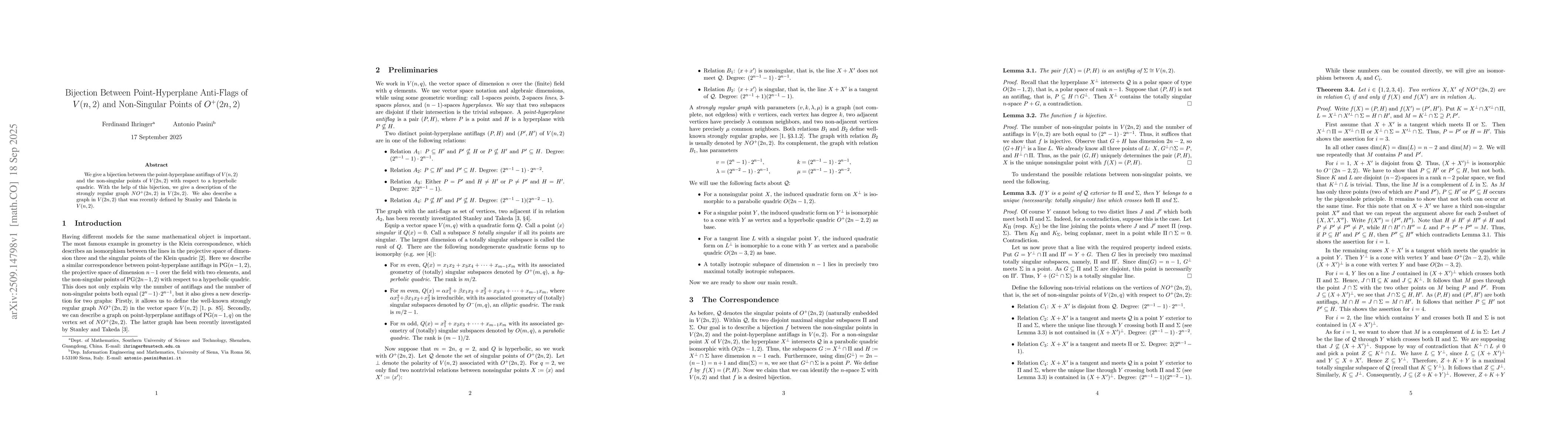 Thumbnail for Bijection Between Point-Hyperplane Anti-Flags of $V(n, 2)$ and
  Non-Singular Points of $O^+(2n, 2)$