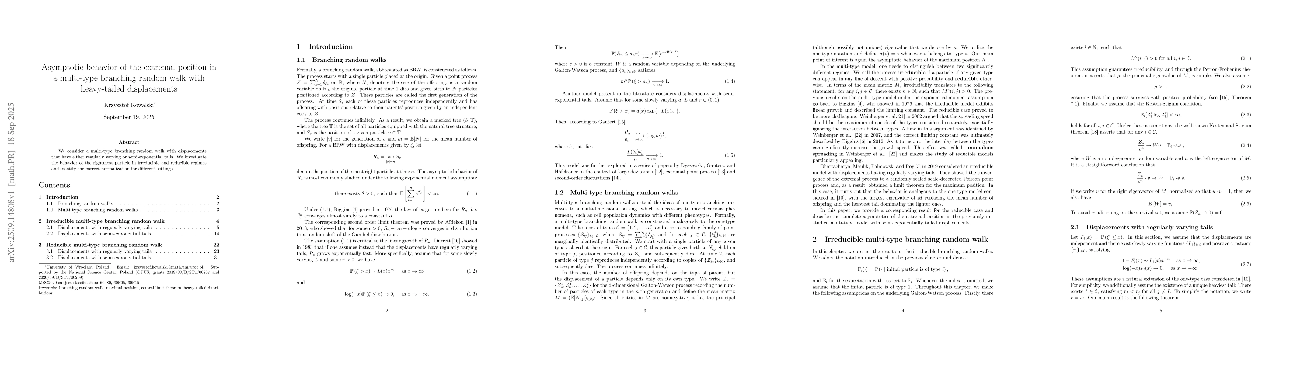 Thumbnail for Asymptotic behavior of the extremal position in a multi-type branching
  random walk with heavy-tailed displacements