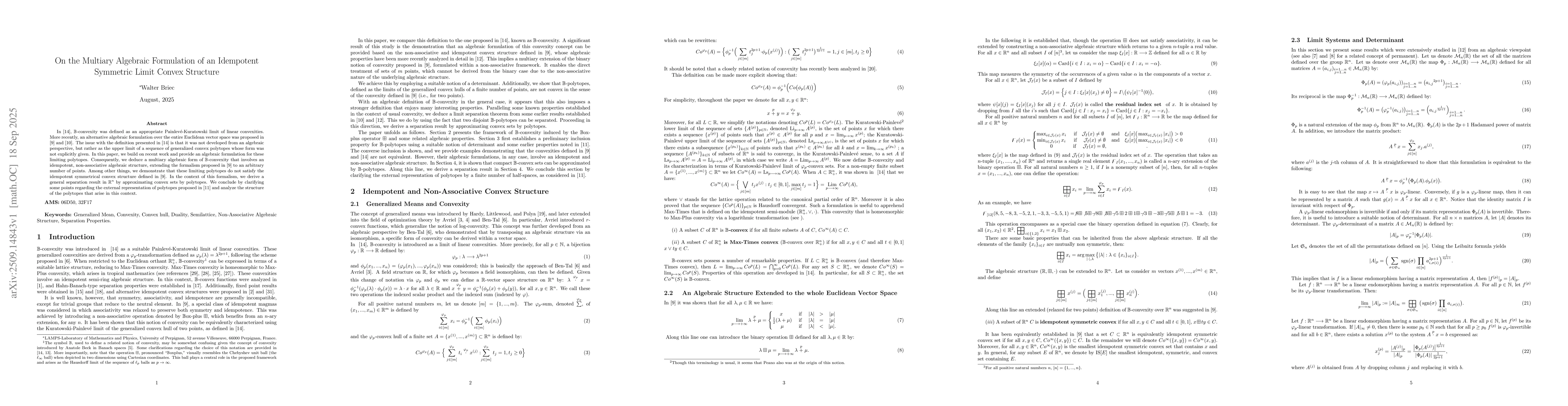 Thumbnail for On the Multiary Algebraic Formulation of an Idempotent Symmetric Limit
  Convex Structure