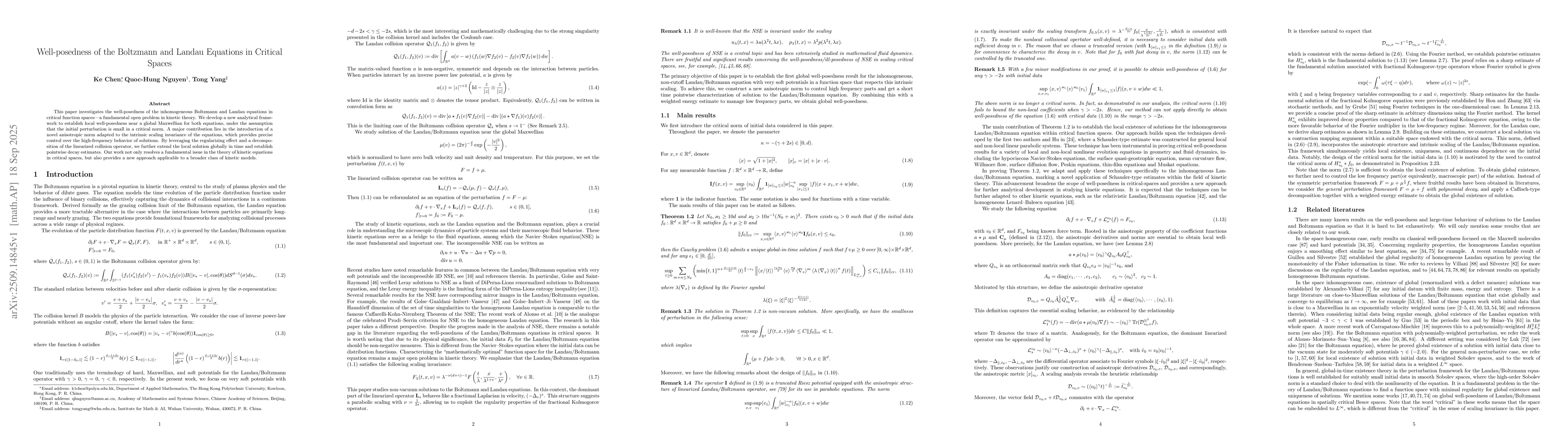 Thumbnail for Well-posedness of the Boltzmann and Landau Equations in Critical Spaces
