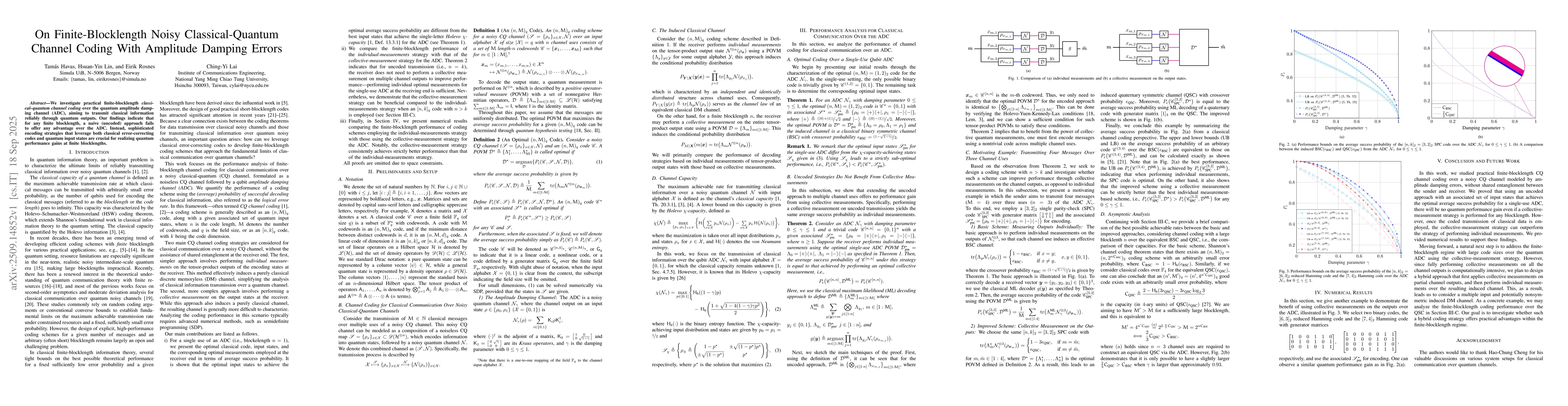 Thumbnail for On Finite-Blocklength Noisy Classical-Quantum Channel Coding With
  Amplitude Damping Errors