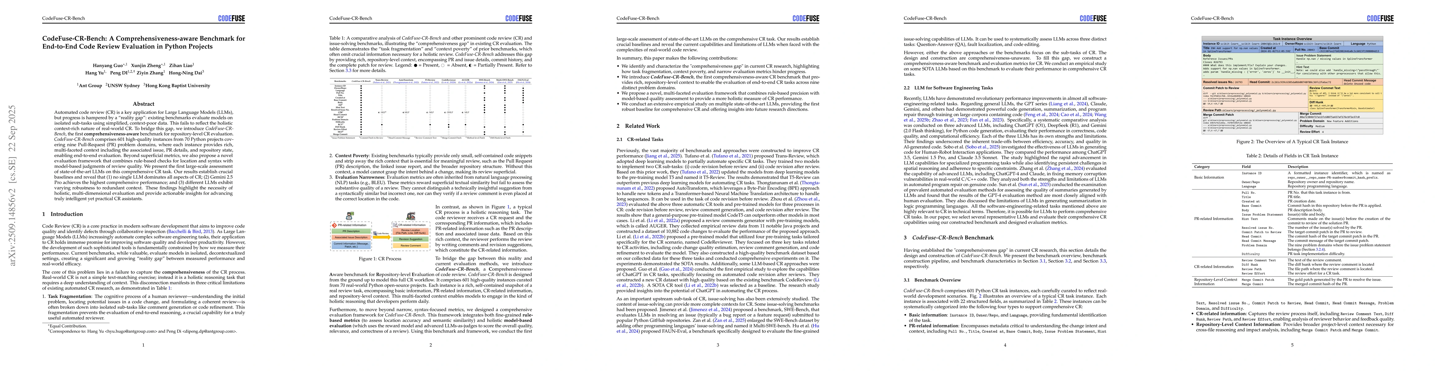 Thumbnail for CodeFuse-CR-Bench: A Comprehensiveness-aware Benchmark for End-to-End
  Code Review Evaluation in Python Projects