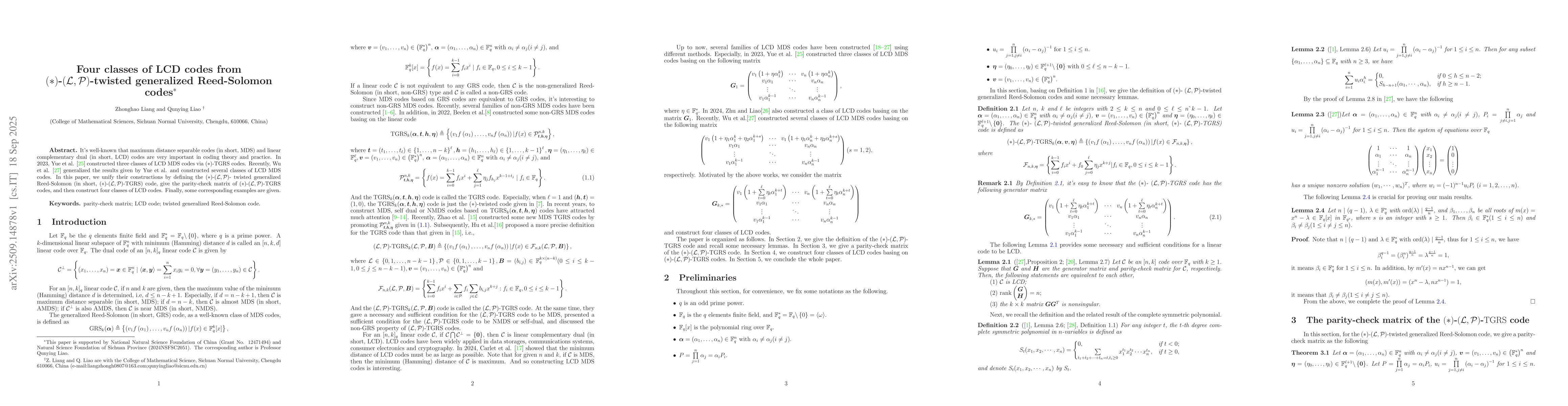 Thumbnail for Four classes of LCD codes from (*)-(L,P)-twisted generalized
  Reed-Solomon codes