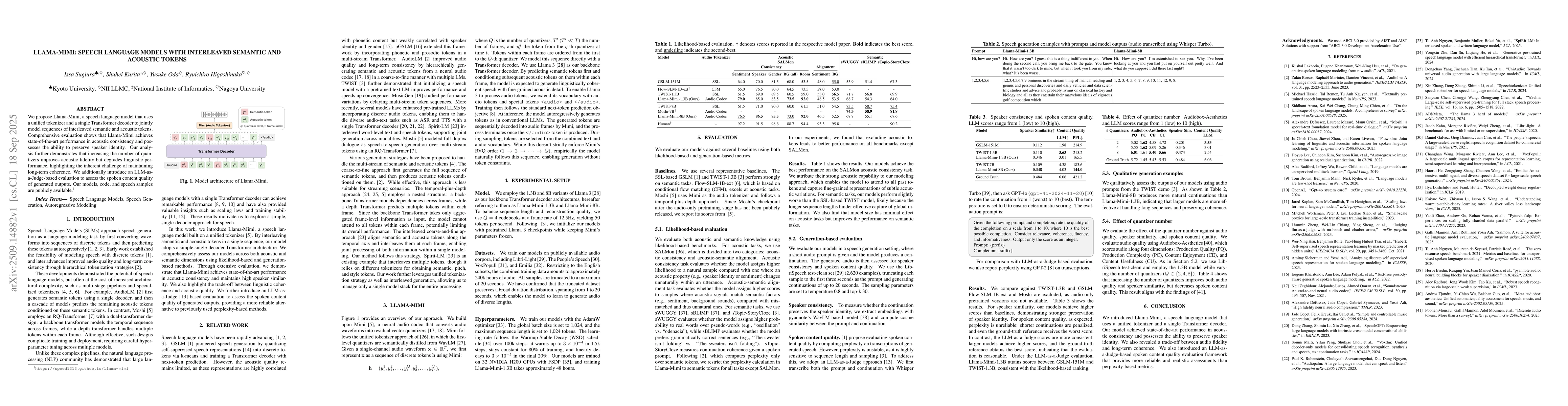 Thumbnail for Llama-Mimi: Speech Language Models with Interleaved Semantic and
  Acoustic Tokens