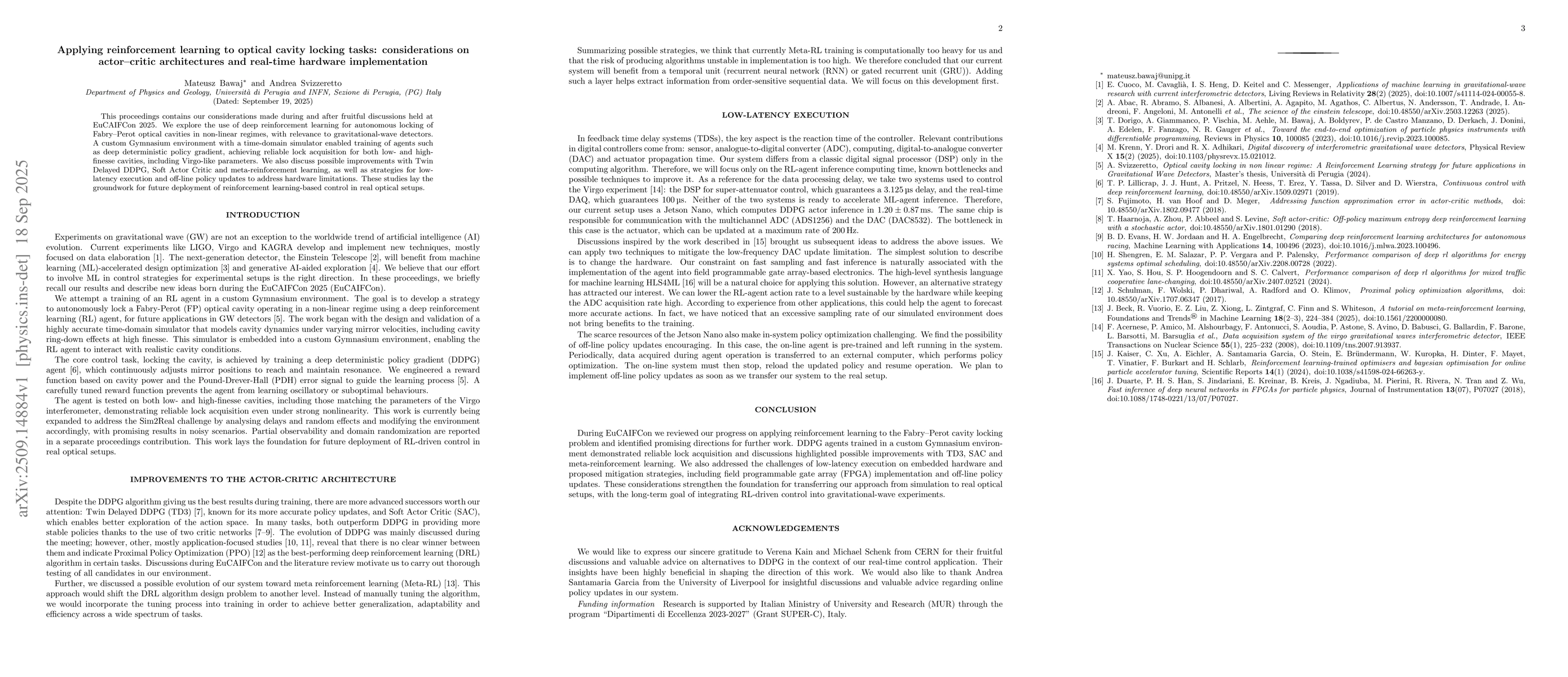 Thumbnail for Applying reinforcement learning to optical cavity locking tasks:
  considerations on actor-critic architectures and real-time hardware
  implementation
