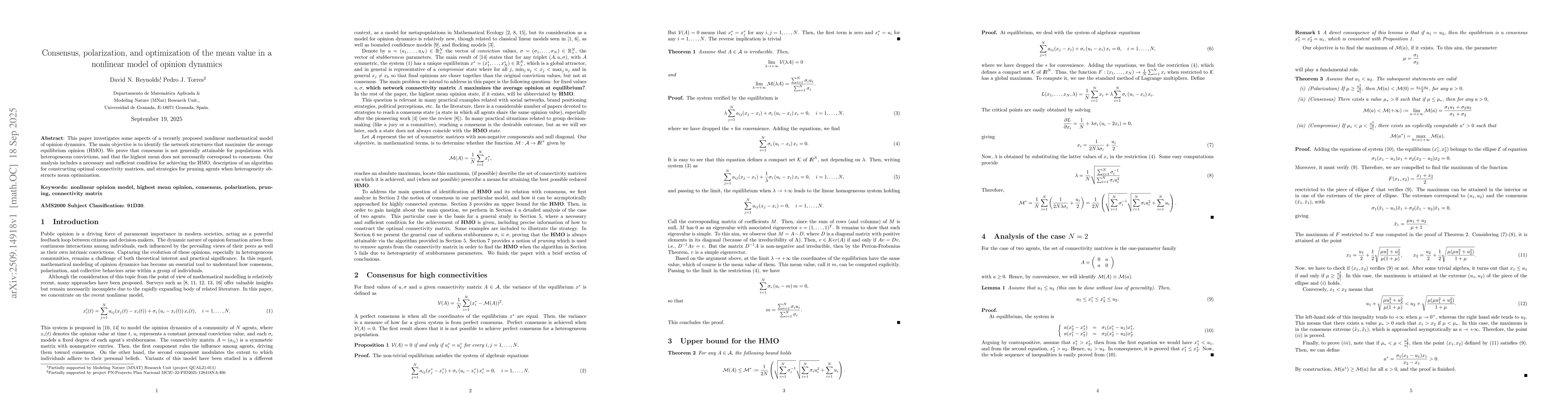 Thumbnail for Consensus, polarization, and optimization of the mean value in a
  nonlinear model of opinion dynamics