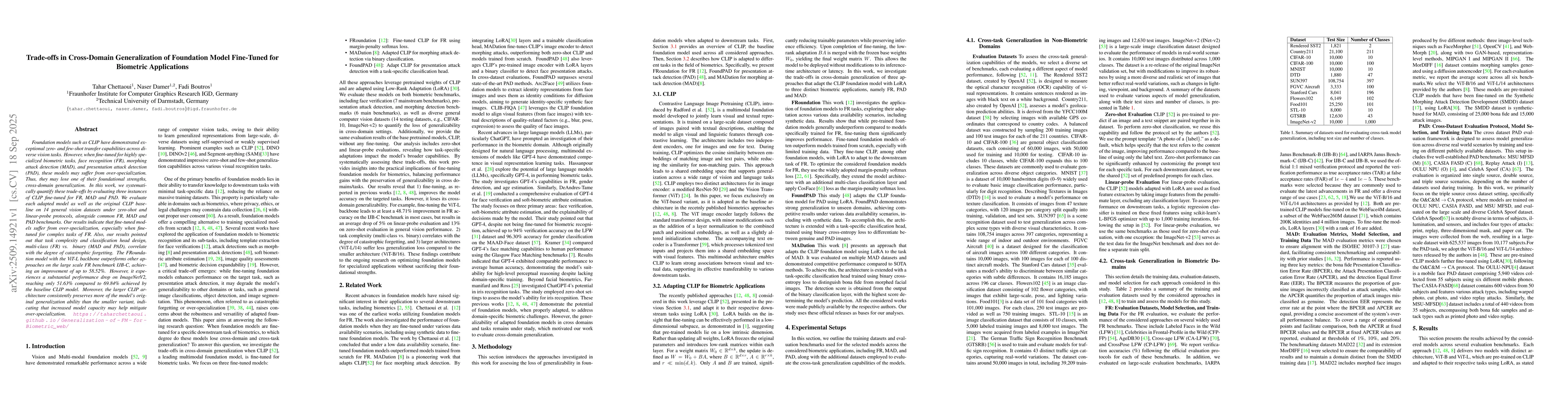 Thumbnail for Trade-offs in Cross-Domain Generalization of Foundation Model Fine-Tuned
  for Biometric Applications