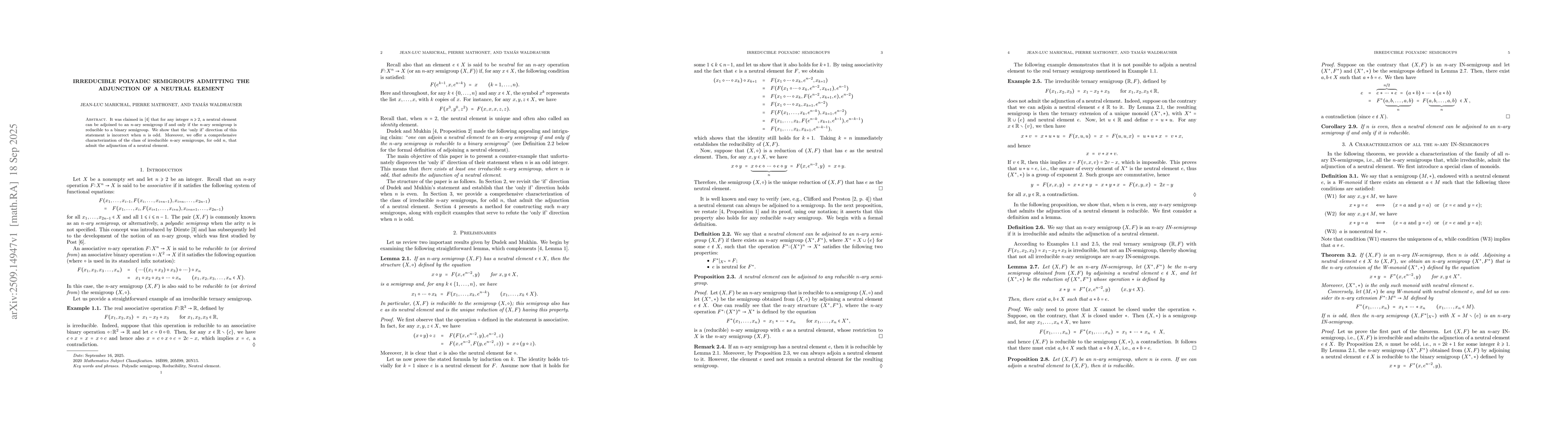 Thumbnail for Irreducible Polyadic Semigroups Admitting the Adjunction of a Neutral
  Element