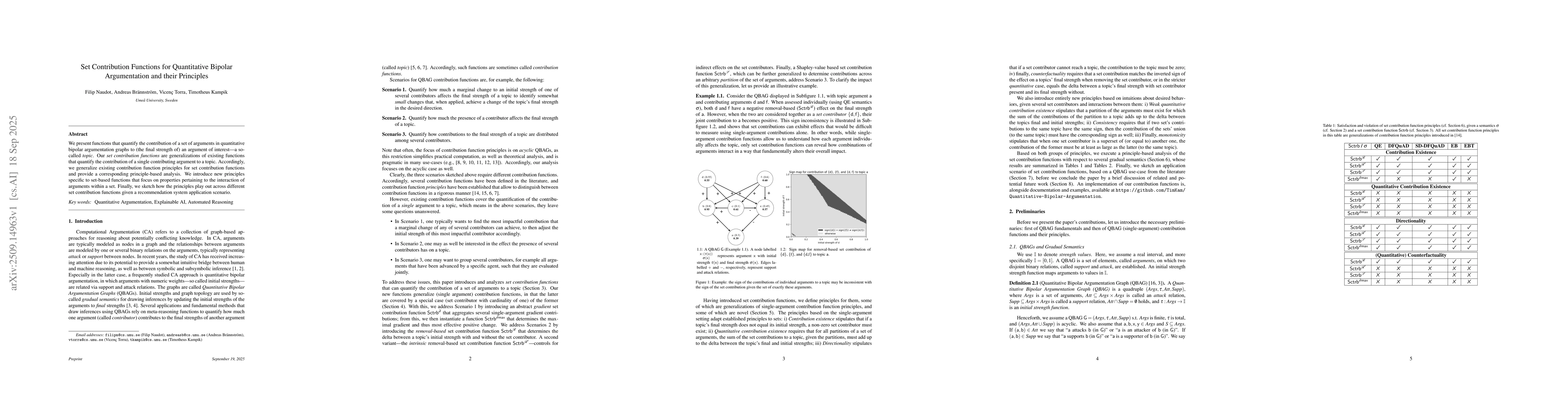 Thumbnail for Set Contribution Functions for Quantitative Bipolar Argumentation and
  their Principles