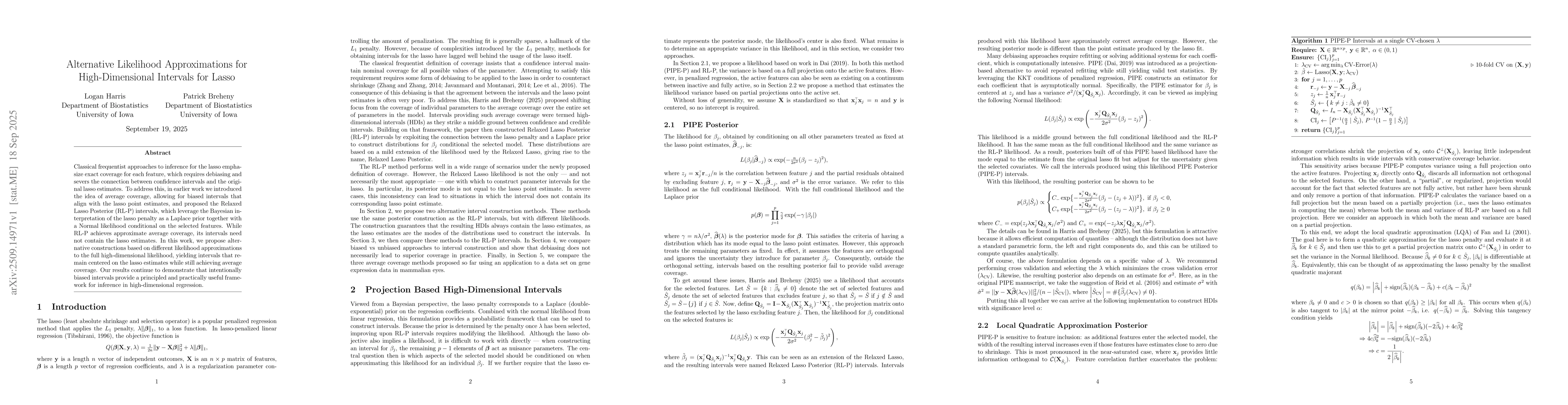 Thumbnail for Alternative Likelihood Approximations for High-Dimensional Intervals for
  Lasso