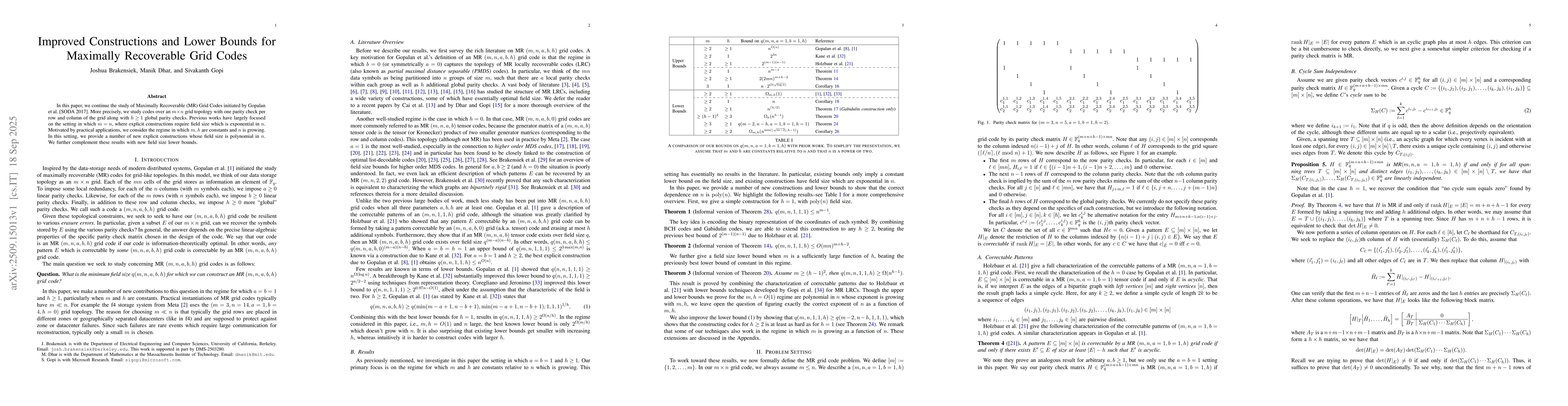 Thumbnail for Improved Constructions and Lower Bounds for Maximally Recoverable Grid
  Codes