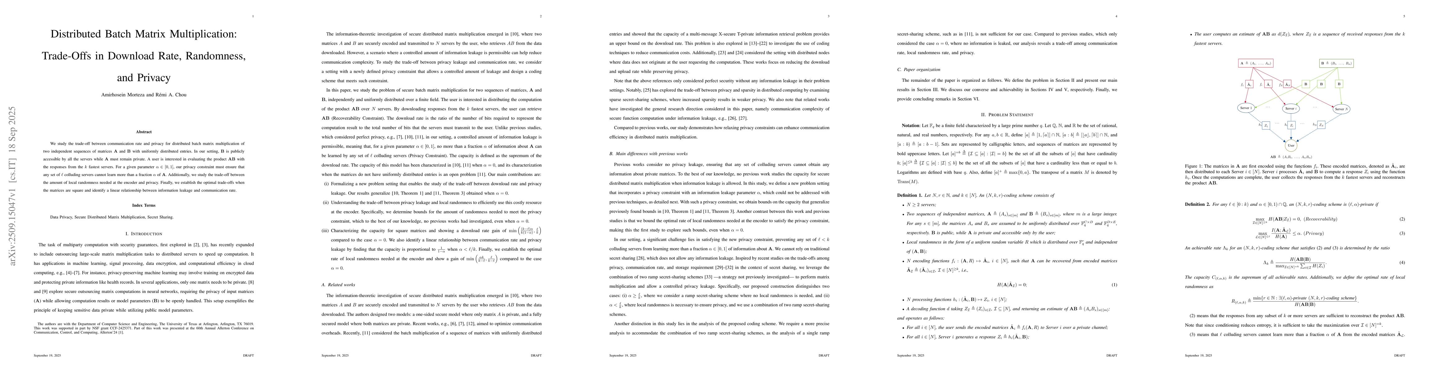 Thumbnail for Distributed Batch Matrix Multiplication: Trade-Offs in Download Rate,
  Randomness, and Privacy