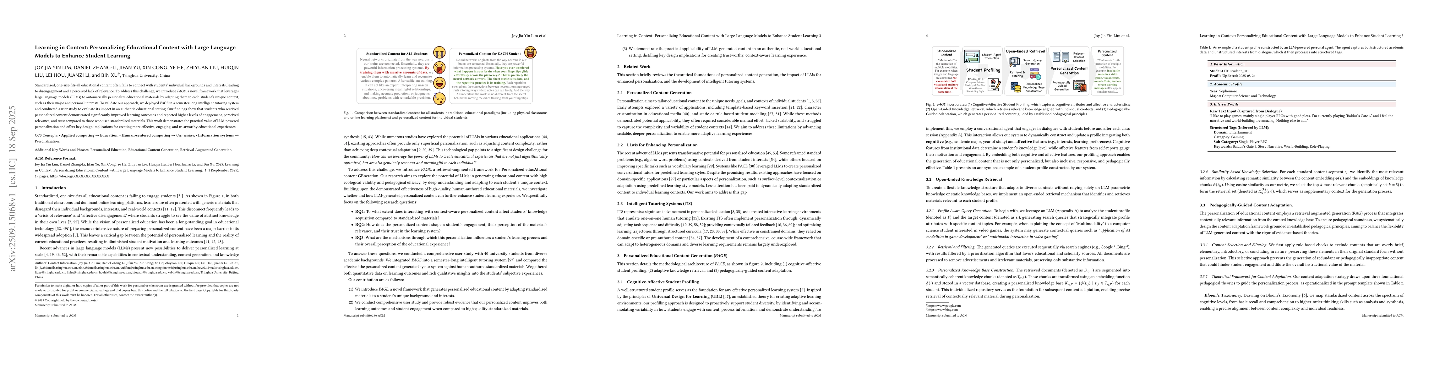 Thumbnail for Learning in Context: Personalizing Educational Content with Large
  Language Models to Enhance Student Learning