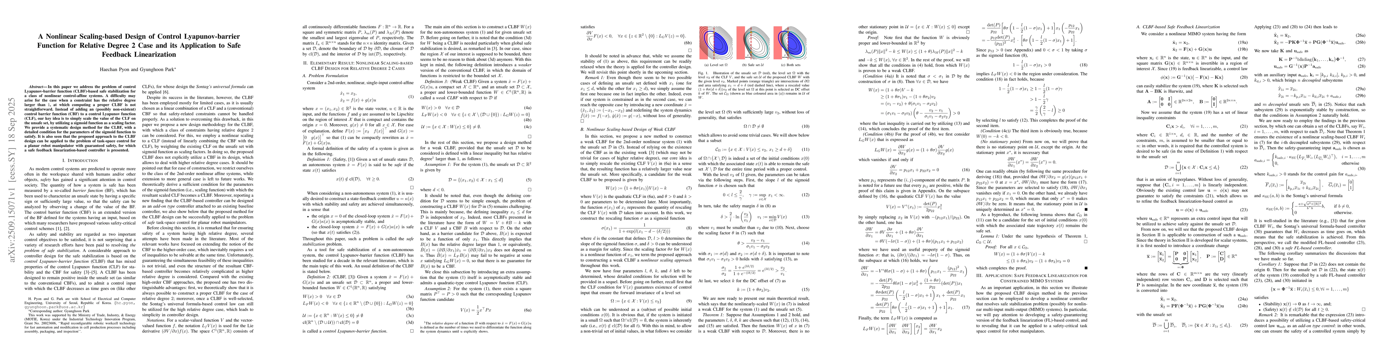 Thumbnail for A Nonlinear Scaling-based Design of Control Lyapunov-barrier Function
  for Relative Degree 2 Case and its Application to Safe Feedback Linearization