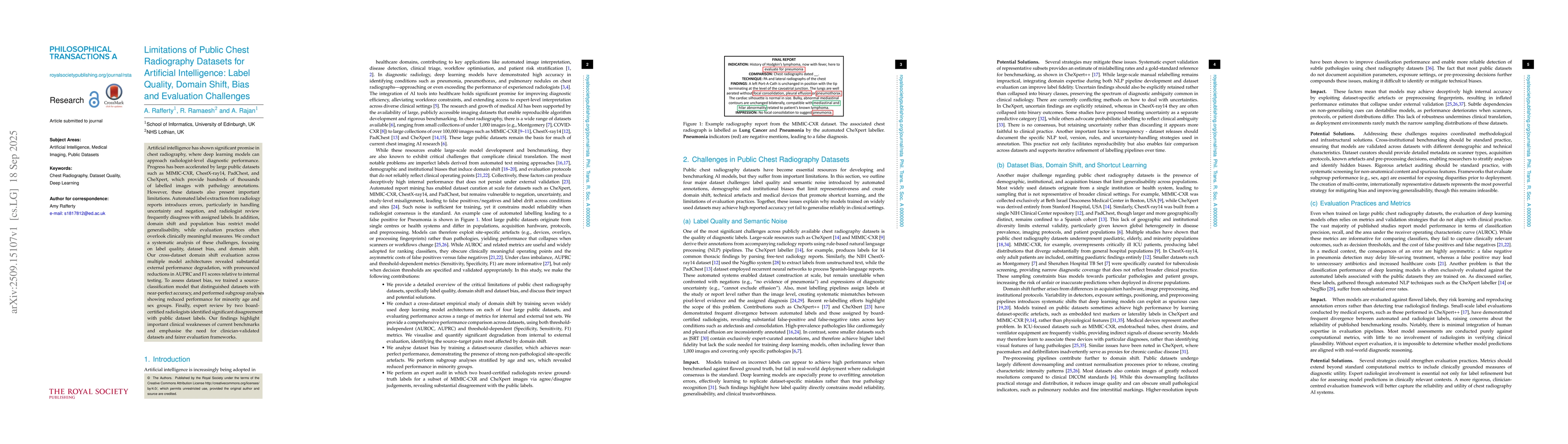Thumbnail for Limitations of Public Chest Radiography Datasets for Artificial
  Intelligence: Label Quality, Domain Shift, Bias and Evaluation Challenges