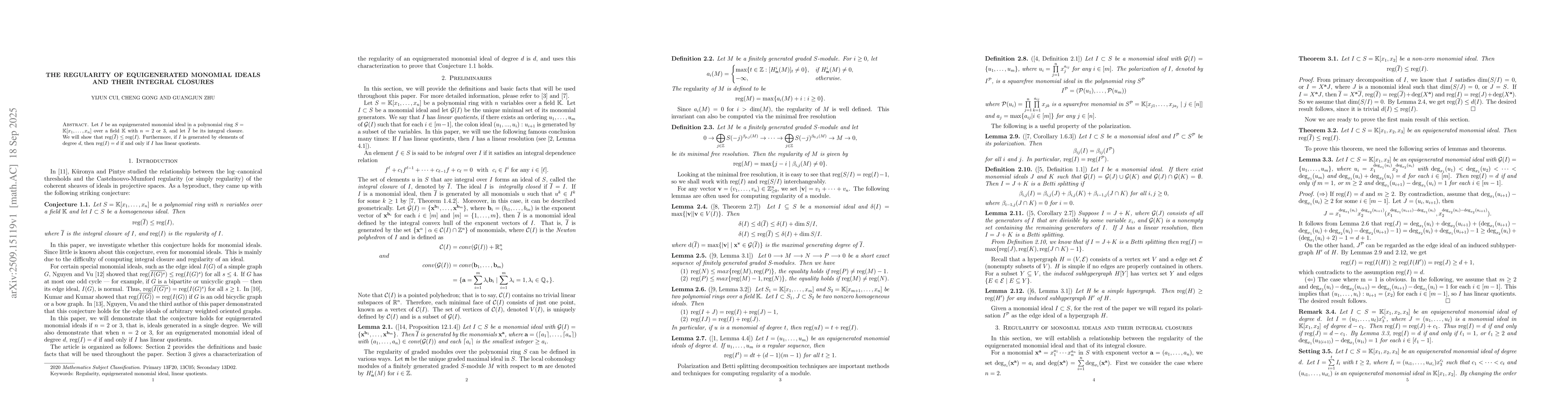 Thumbnail for The regularity of equigenerated monomial ideals and their integral
  closures