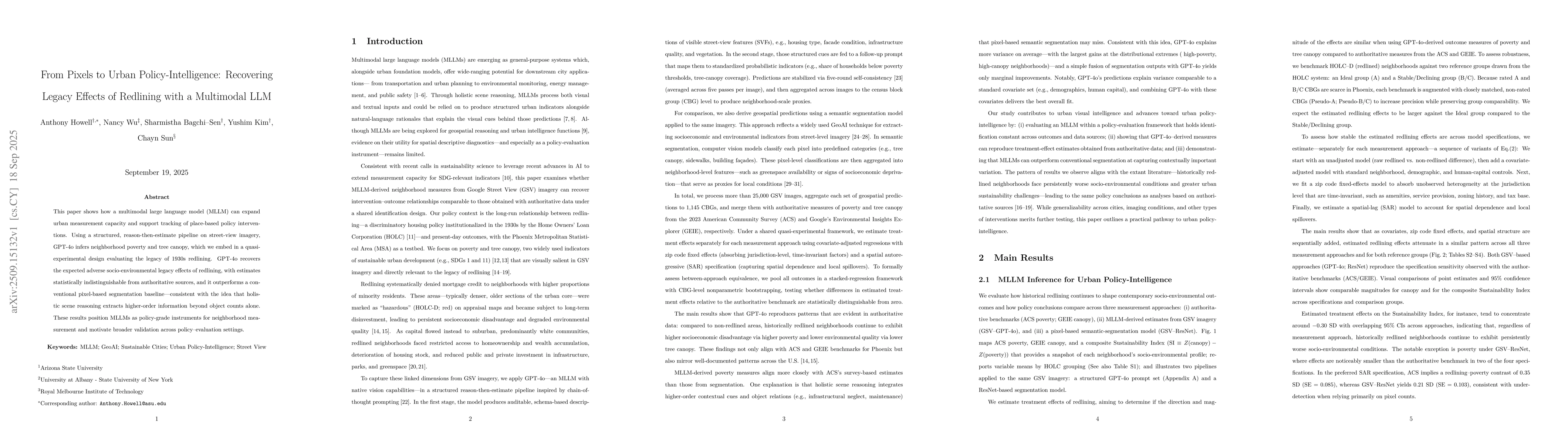 Thumbnail for From Pixels to Urban Policy-Intelligence: Recovering Legacy Effects of
  Redlining with a Multimodal LLM