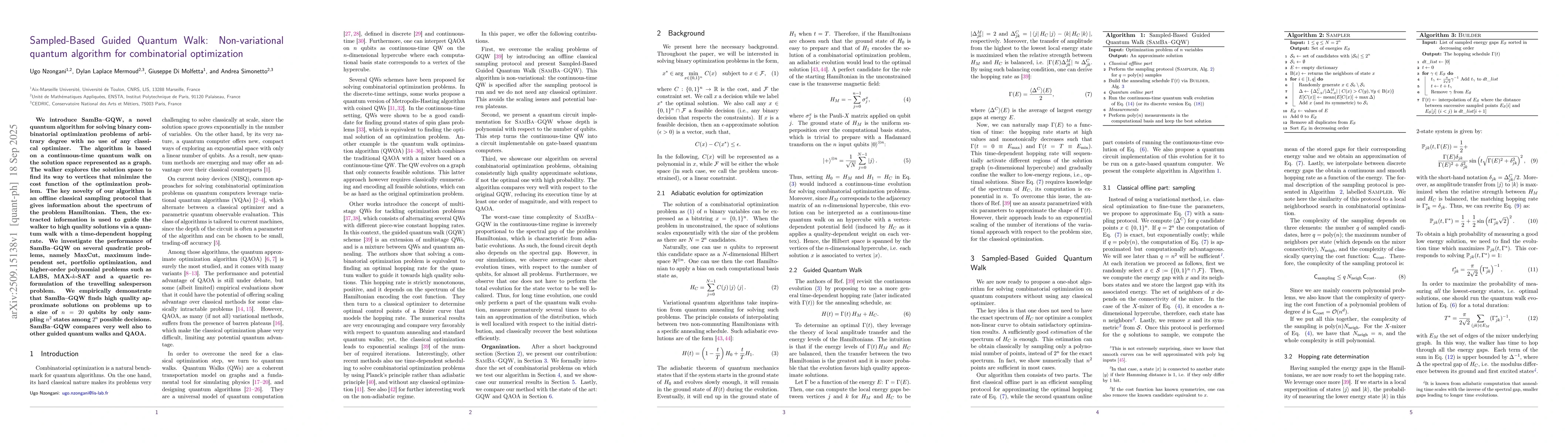 Thumbnail for Sampled-Based Guided Quantum Walk: Non-variational quantum algorithm for
  combinatorial optimization