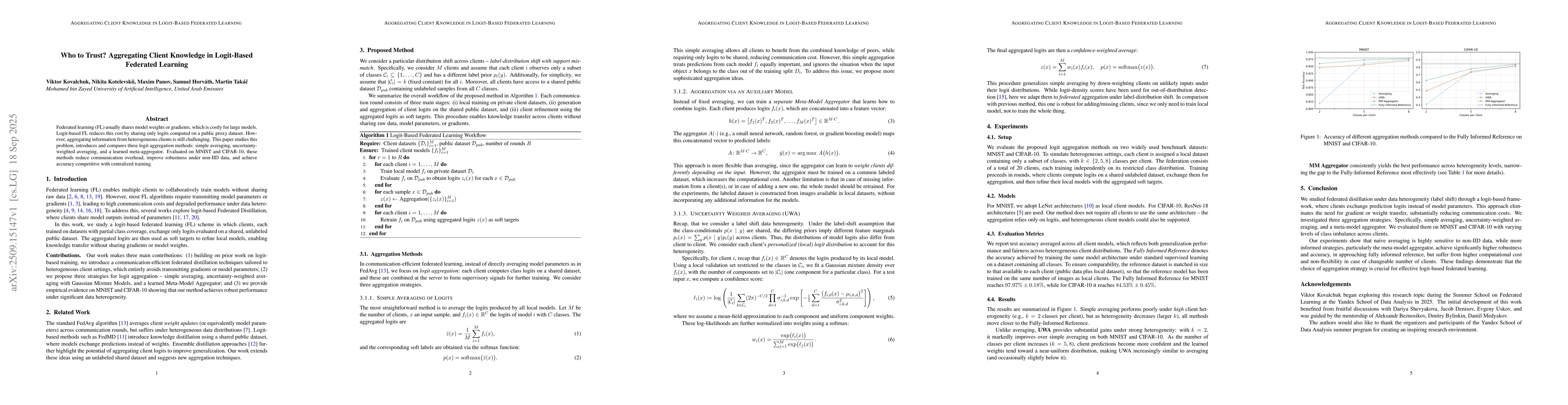 Thumbnail for Who to Trust? Aggregating Client Knowledge in Logit-Based Federated
  Learning