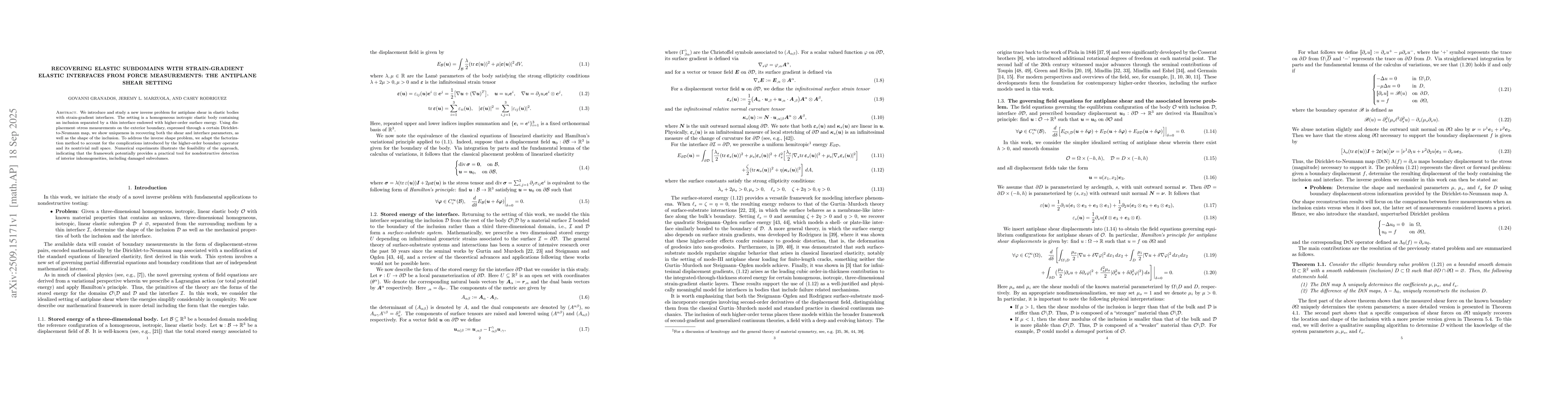 Thumbnail for Recovering elastic subdomains with strain-gradient elastic interfaces
  from force measurements: the antiplane shear setting