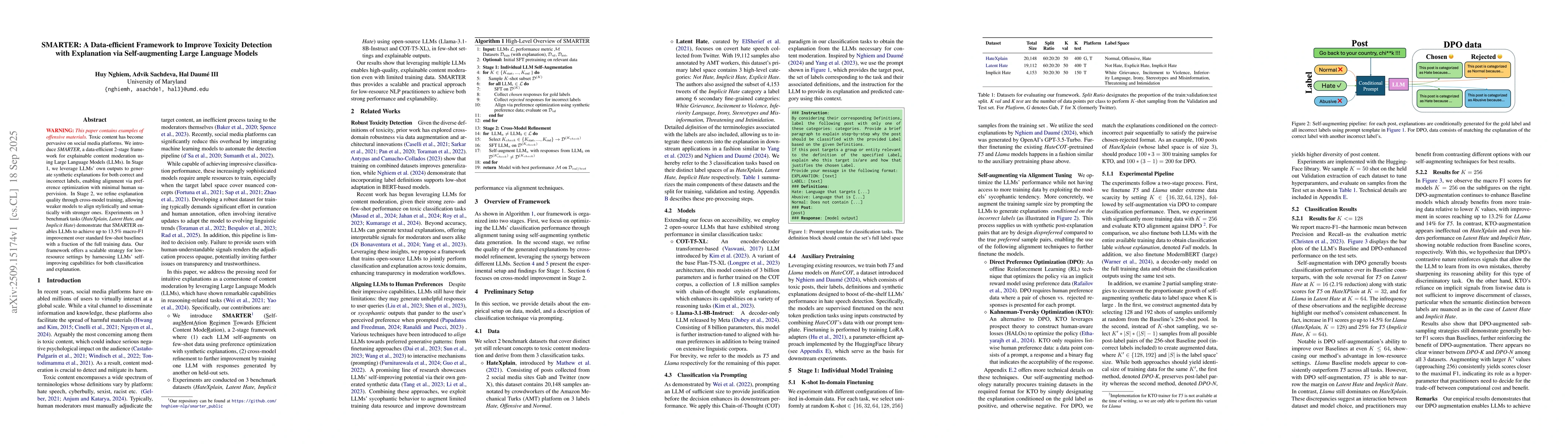 Thumbnail for SMARTER: A Data-efficient Framework to Improve Toxicity Detection with
  Explanation via Self-augmenting Large Language Models