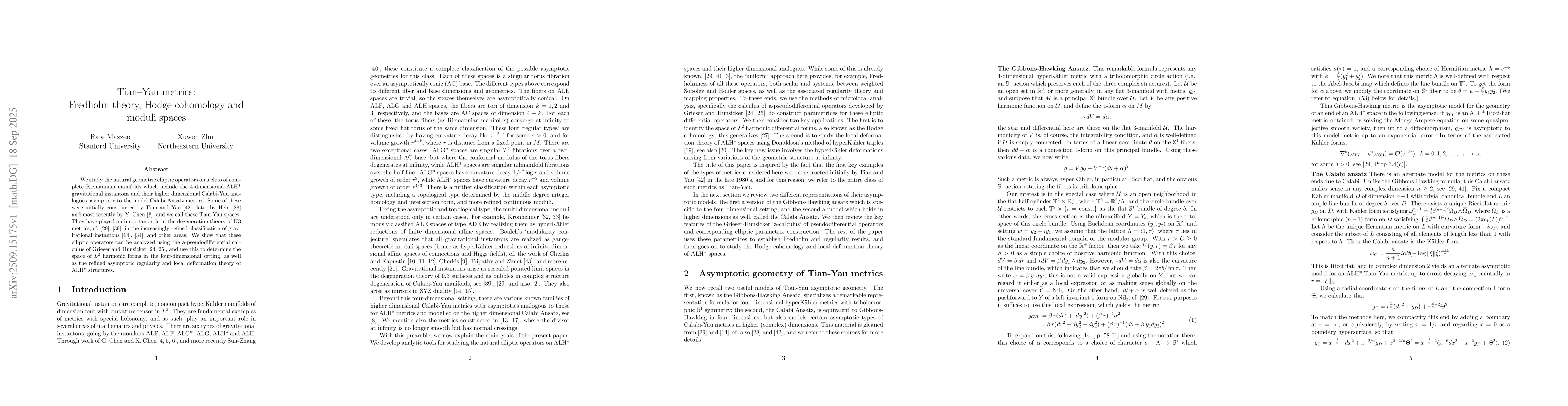 Thumbnail for Tian--Yau metrics: Fredholm theory, Hodge cohomology and moduli spaces