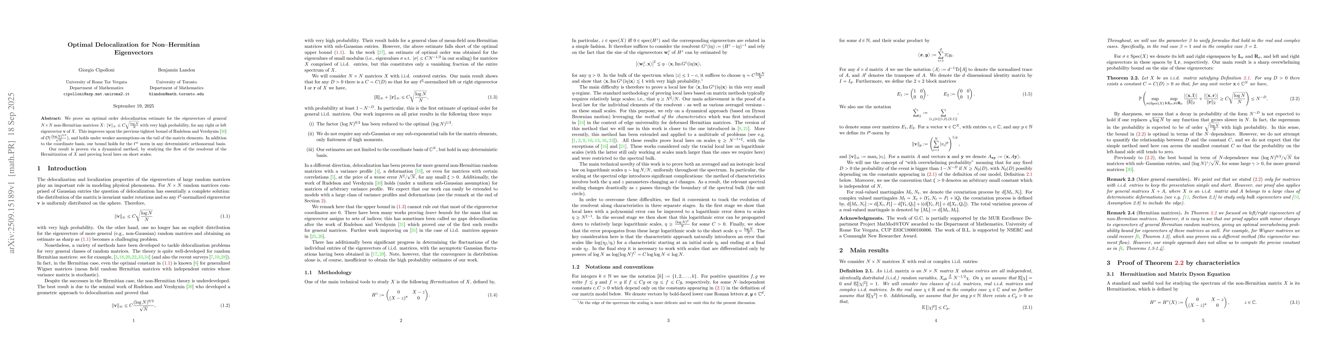 Thumbnail for Optimal Delocalization for Non--Hermitian Eigenvectors