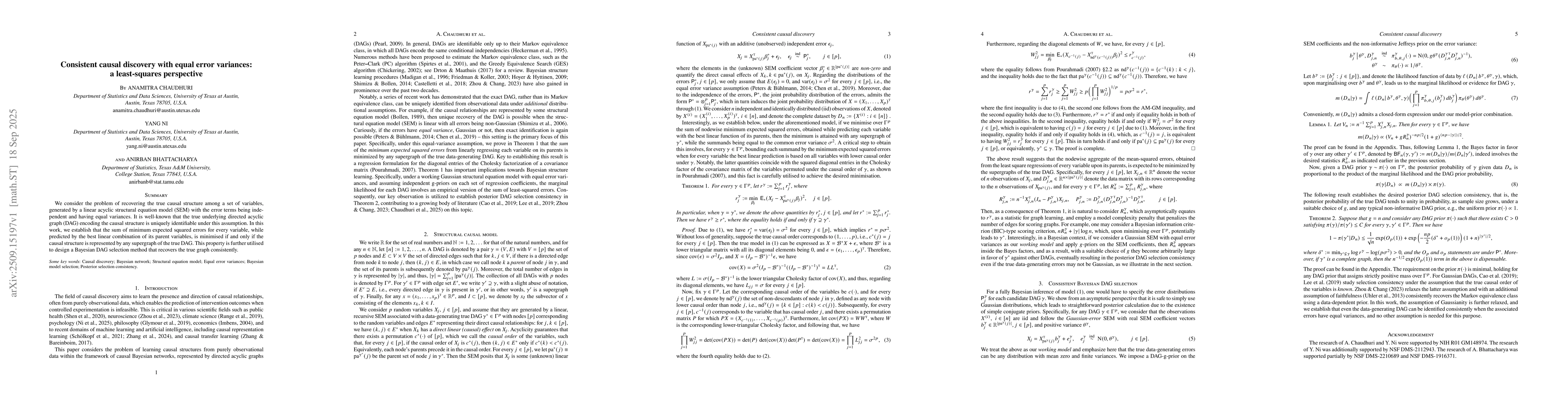 Thumbnail for Consistent causal discovery with equal error variances: a least-squares
  perspective