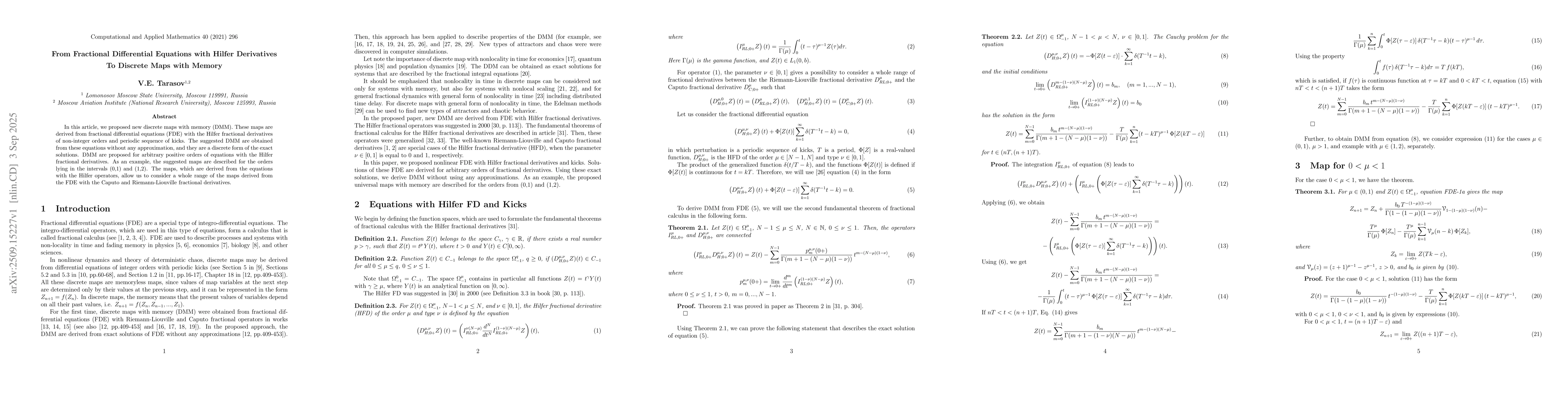 Thumbnail for From Fractional Differential Equations with Hilfer Derivatives: To
  Discrete Maps with Memory