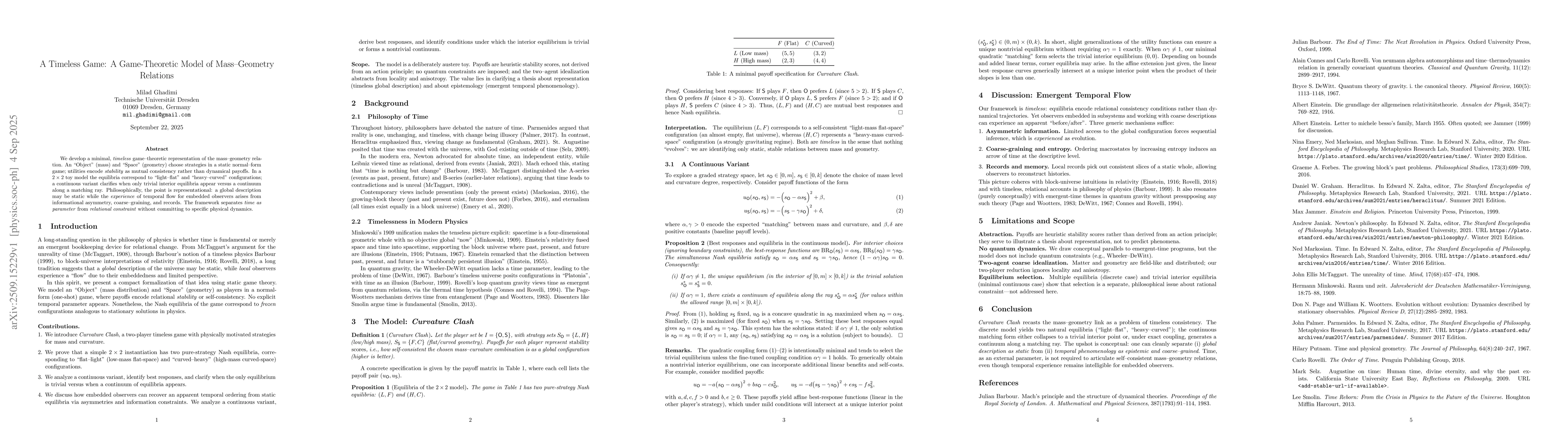Thumbnail for A Timeless Game: A Game-Theoretic Model of Mass-Geometry Relations