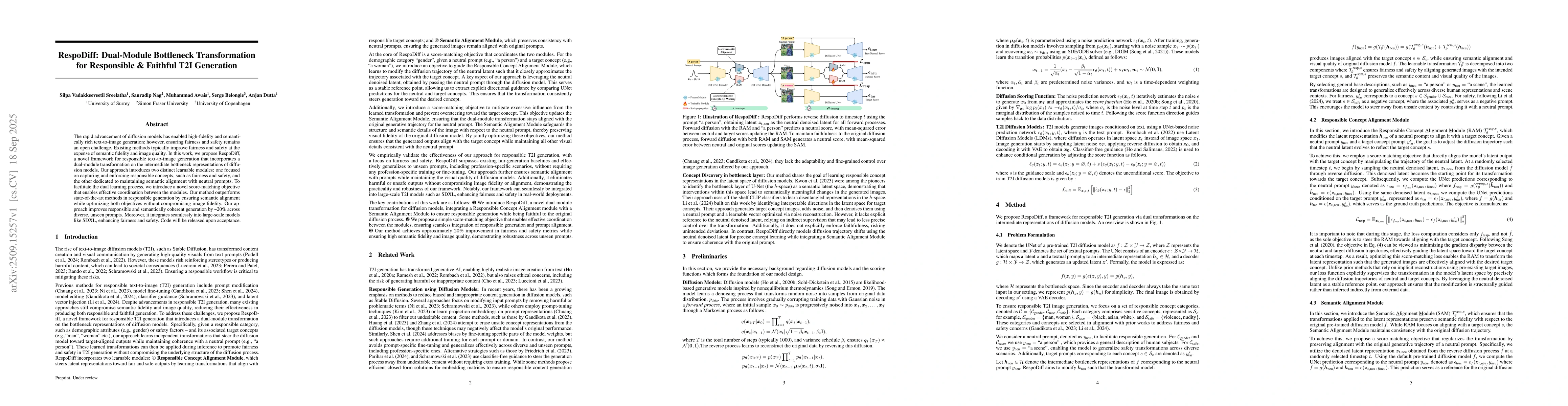 Thumbnail for RespoDiff: Dual-Module Bottleneck Transformation for Responsible &
  Faithful T2I Generation